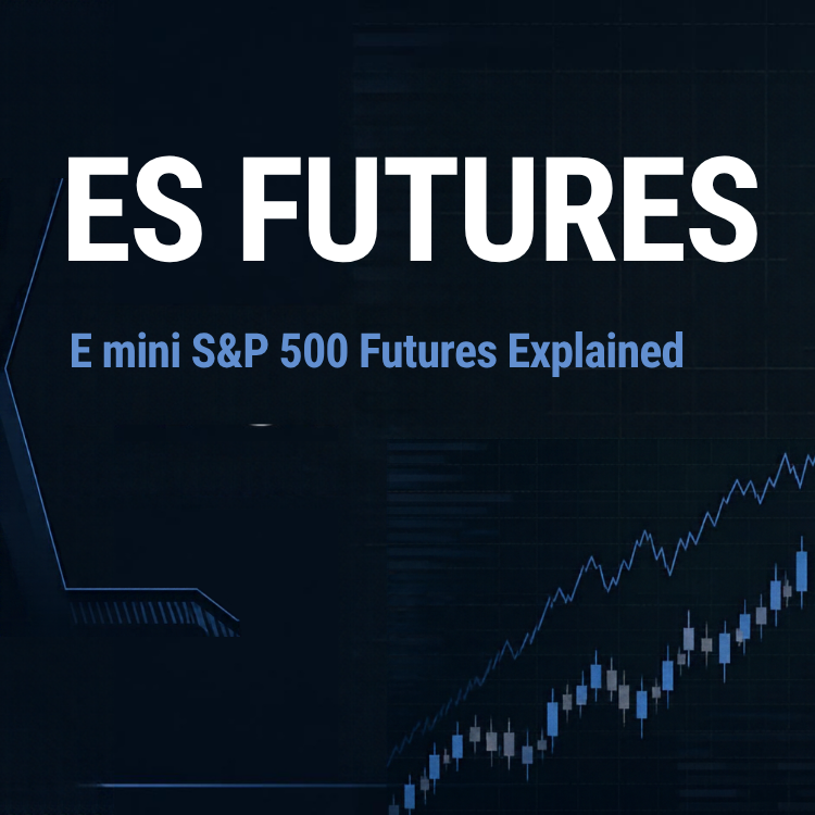 Dark blue market chart graphic representing E-mini S&P 500 futures (ES).